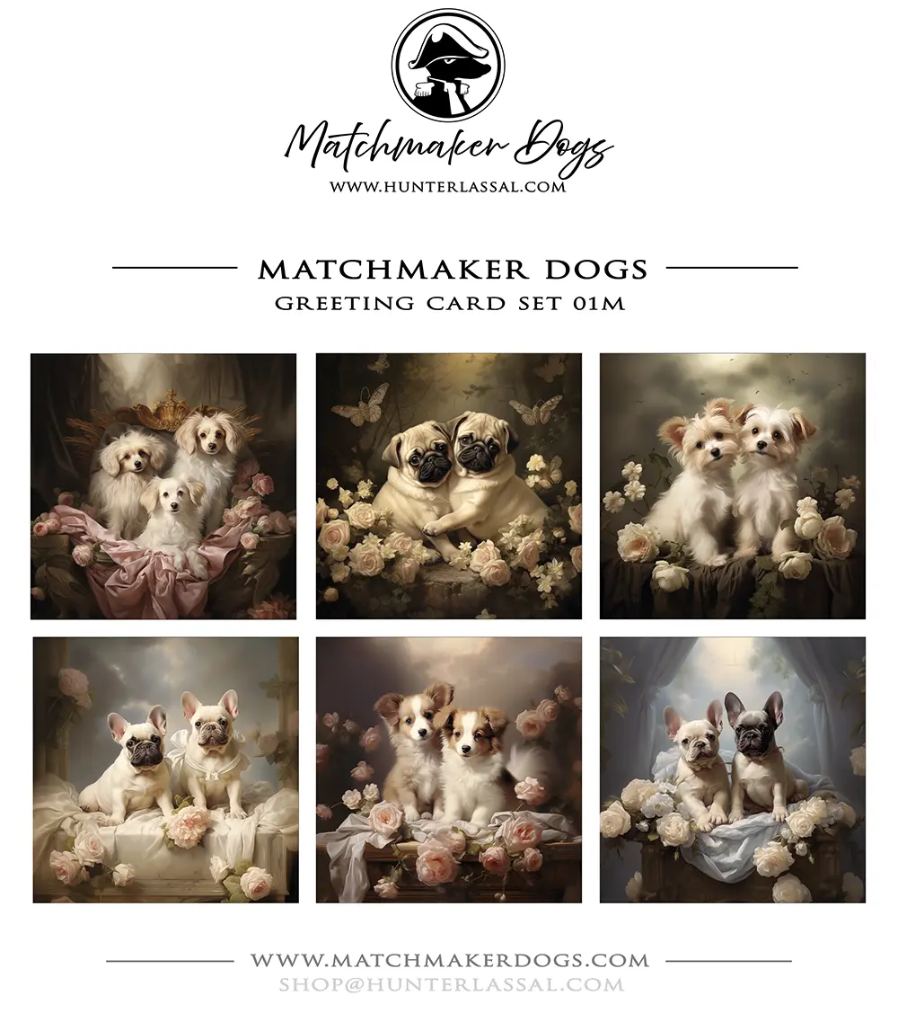 This product includes six different "Matchmaker Dogs" greeting cards from the Matchmaker Dogs design set. It includes 16x16cm envelopes for each card.