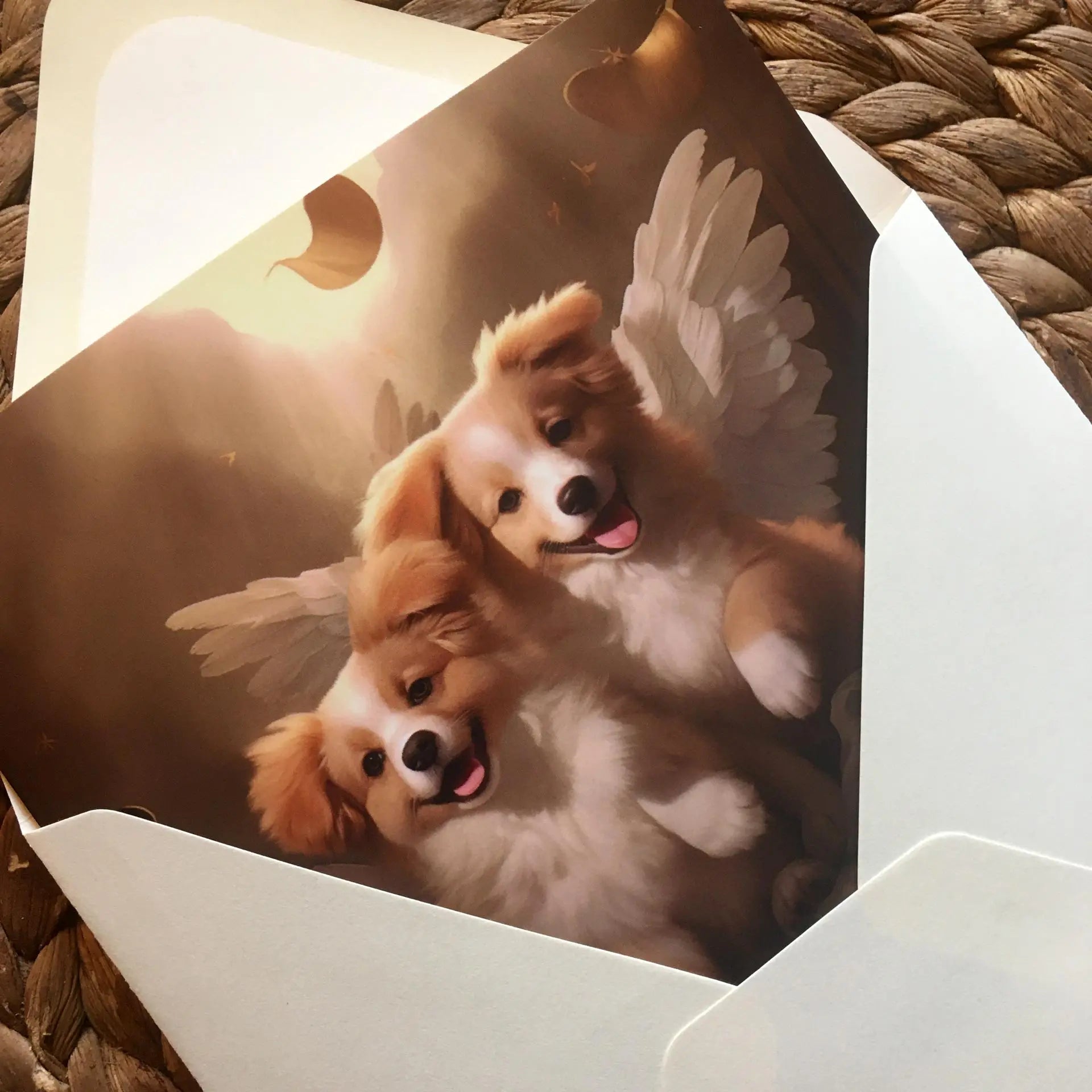 One of Flynn's 'Guardian Angel Dog' greeting card designs. Each card comes with an envelope.