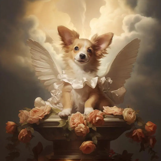 One of Flynn's 'Guardian Angel Dog' greeting card designs. Each card comes with an envelope. Detail.