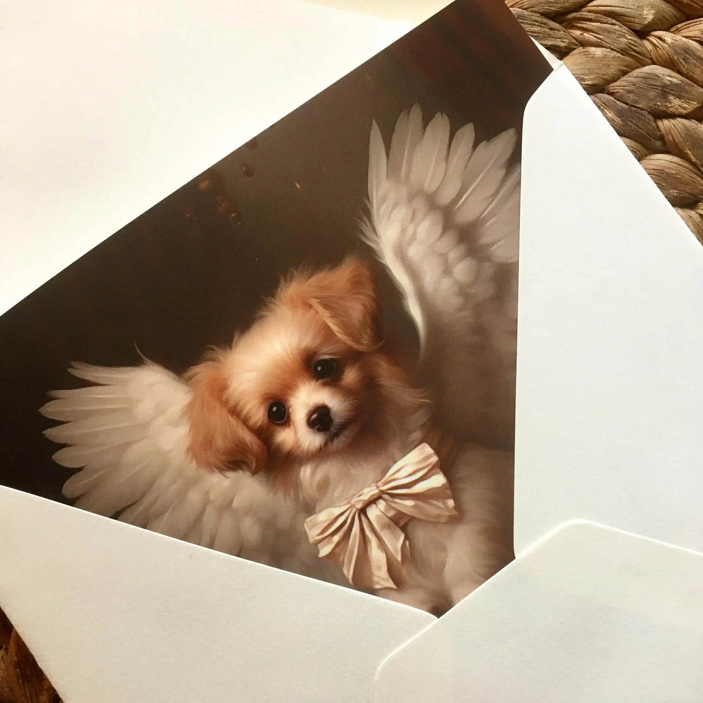 One of Flynn's 'Guardian Angel Dog' greeting card designs. Each card comes with an envelope. Detail.