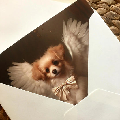 One of Flynn's 'Guardian Angel Dog' greeting card designs. Each card comes with an envelope. Detail.