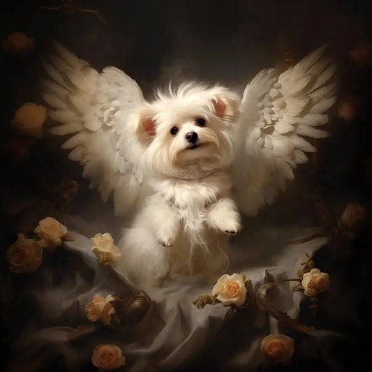 One of Flynn's 'Guardian Angel Dog' greeting card designs. Each card comes with an envelope. Detail.