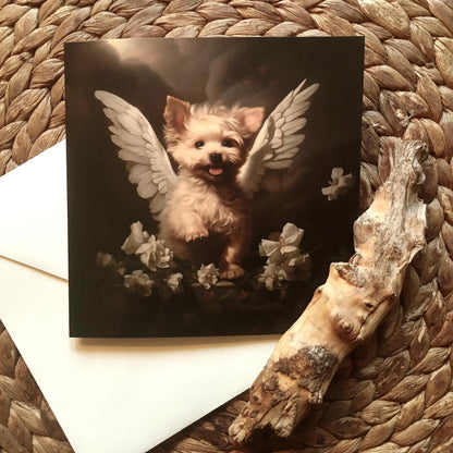One of Flynn's 'Guardian Angel Dog' greeting card designs. Each card comes with an envelope. Detail.