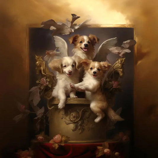 One of Flynn's 'Guardian Angel Dog' greeting card designs. Each card comes with an envelope. Detail.