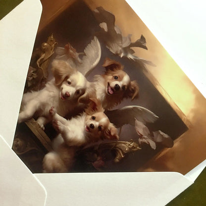 One of Flynn's 'Guardian Angel Dog' greeting card designs. Each card comes with an envelope. Detail.