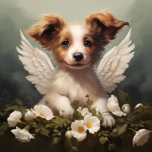 One of Flynn's 'Guardian Angel Dog' greeting card designs. Each card comes with an envelope. Detail.