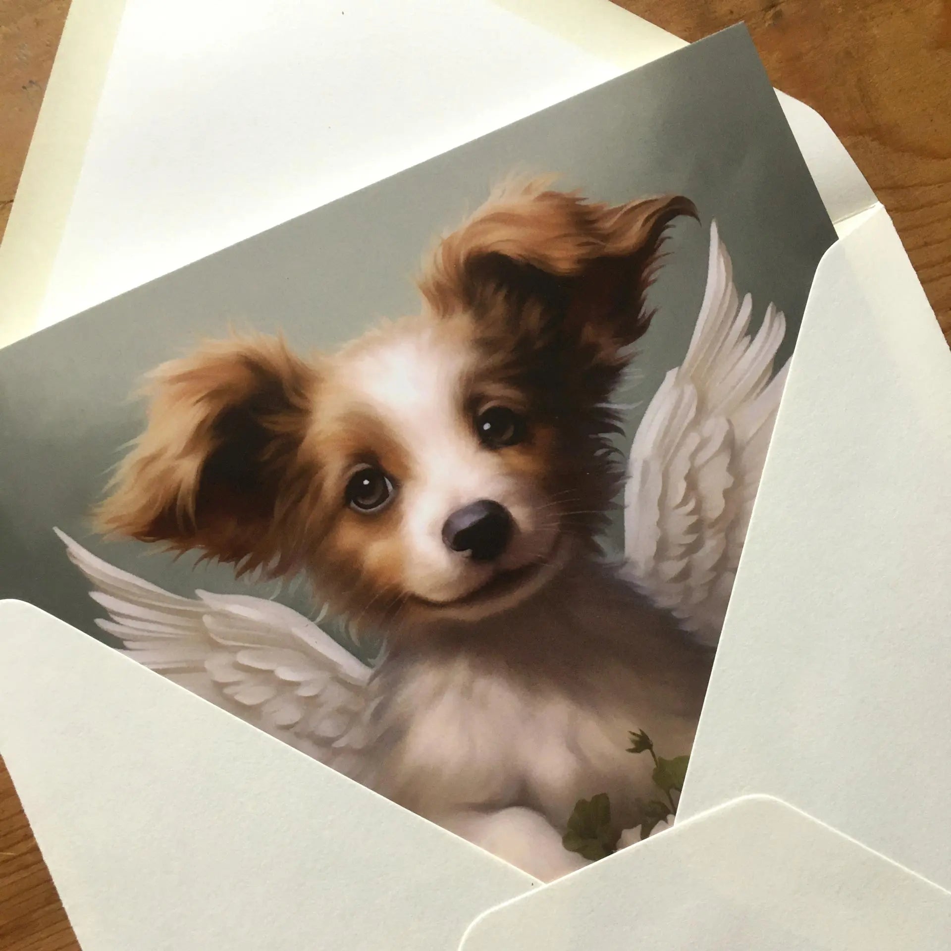 One of Flynn's 'Guardian Angel Dog' greeting card designs. Each card comes with an envelope. Detail.