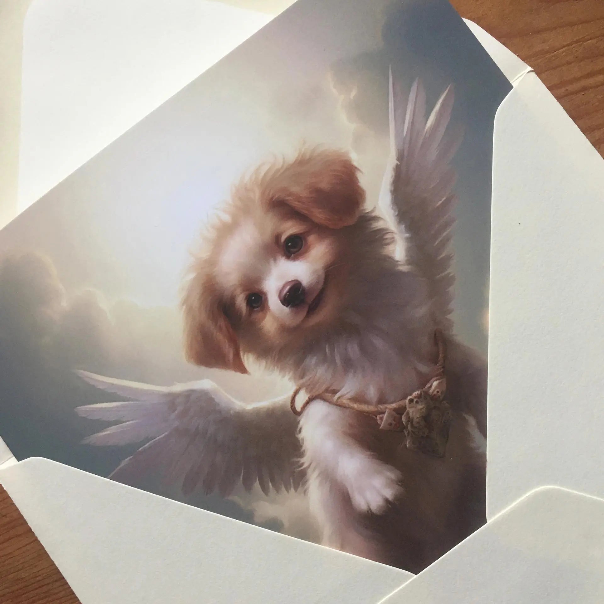 One of Flynn's 'Guardian Angel Dog' greeting card designs. Each card comes with an envelope. Detail.
