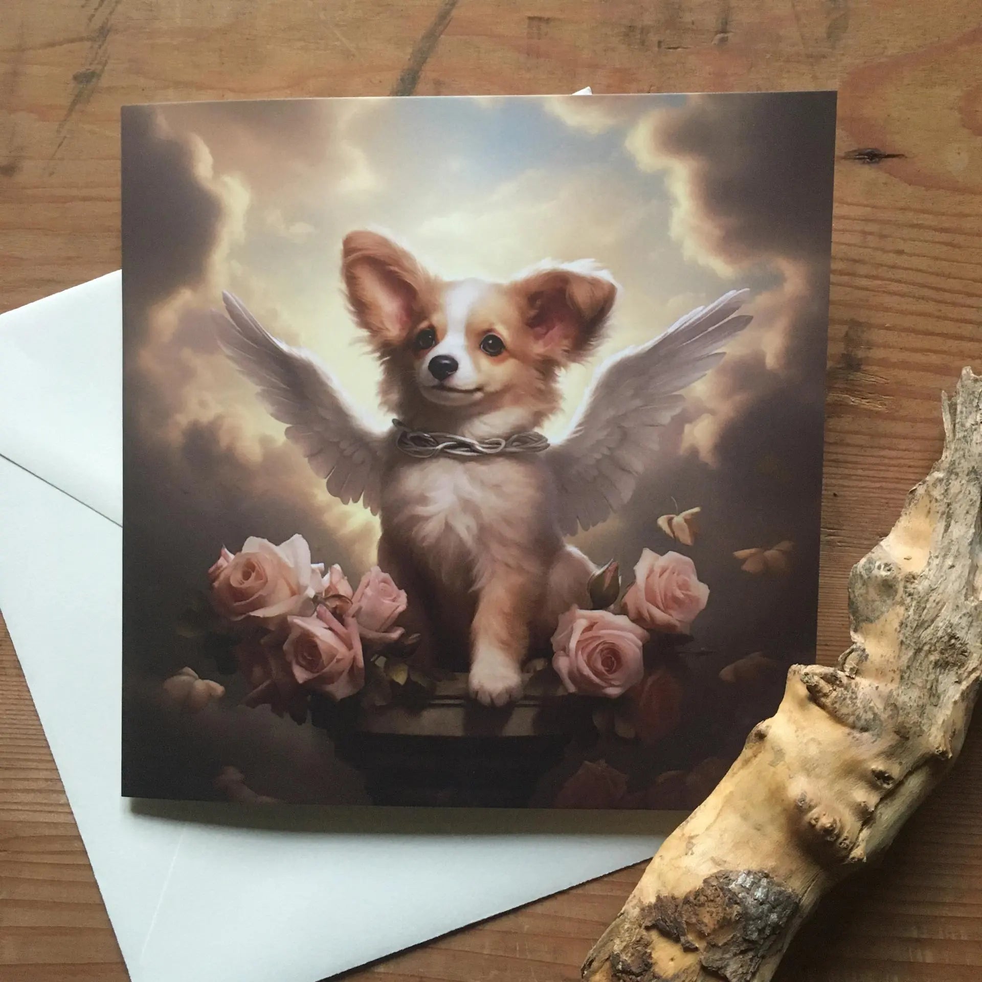 One of Flynn's 'Guardian Angel Dog' greeting card designs. Each card comes with an envelope. Detail.