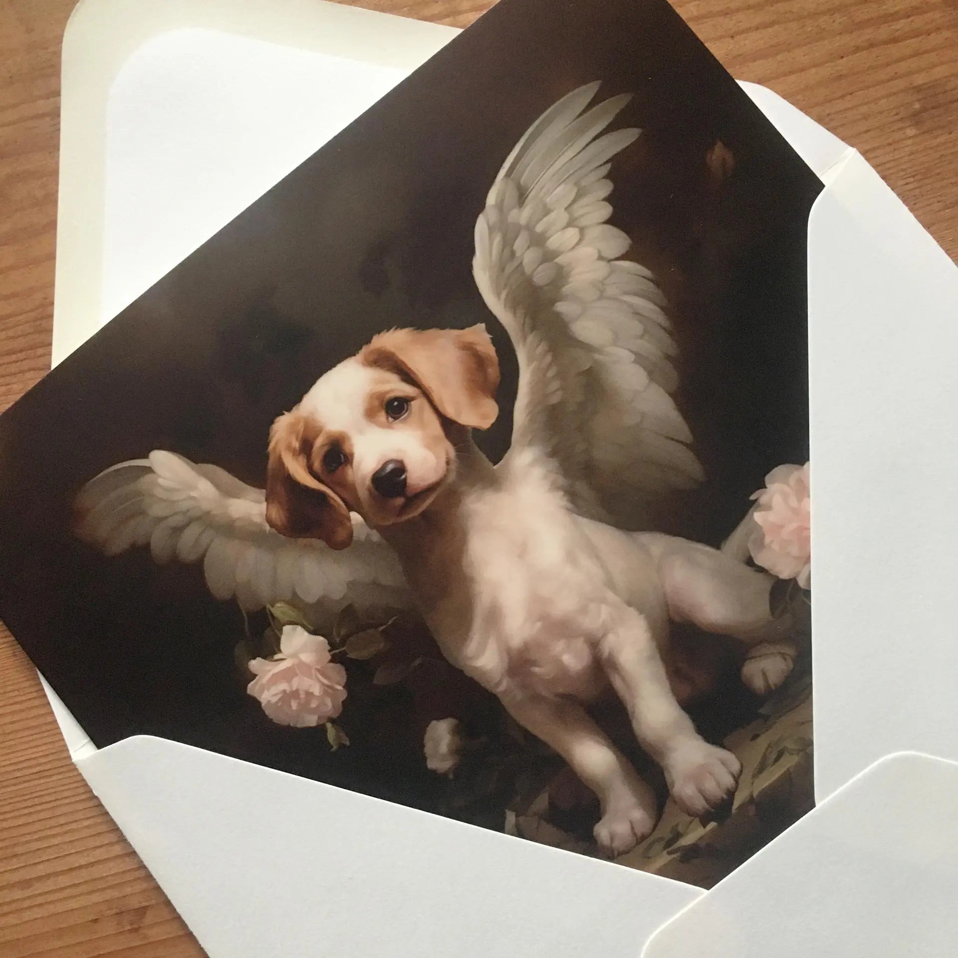 One of Flynn's 'Guardian Angel Dog' greeting card designs. Each card comes with an envelope. Detail.