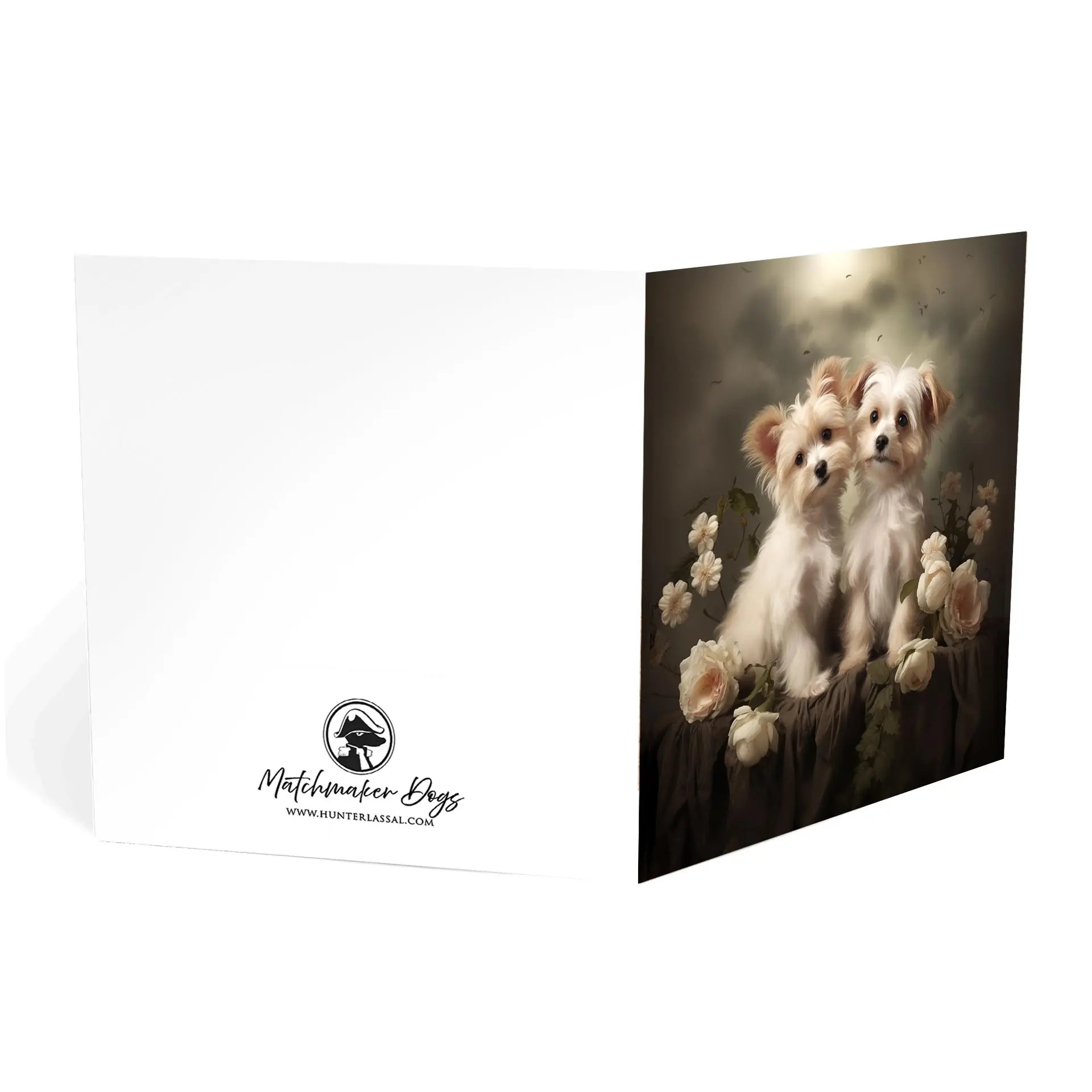 One of Flynn's 'Matchmaker Dog' greeting card designs. Each card comes with an envelope. Detail.