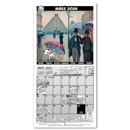 Calendar spread for March 2026 with a hero image based on Gustave Caillebotte's Paris Street; Rainy Day. The calendar grid on the bottom half is filled with small illustrations featuring Little Hunterman and Flynn. German text.