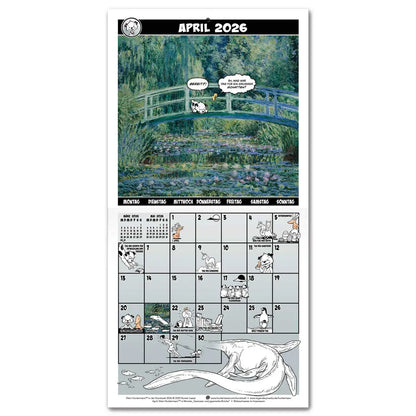 Calendar spread for April 2026 with a hero image based on Claude Monet's Water Lilies and Japanese Bridge. The calendar grid on the bottom half is filled with small illustrations featuring Little Hunterman and Flynn. German text.