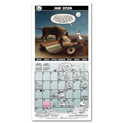 Calendar spread for June 2026 with a hero image based on Henri Rousseau's The Sleeping Gypsy. The calendar grid on the bottom half is filled with small illustrations featuring Little Hunterman and Flynn. German text.