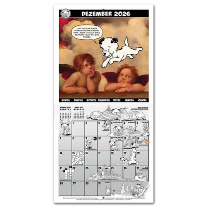 Calendar spread for November 2026 with a hero image based on Raphael's The Sistine Madonna. The calendar grid on the bottom half is filled with small illustrations featuring Little Hunterman and Flynn. German text.