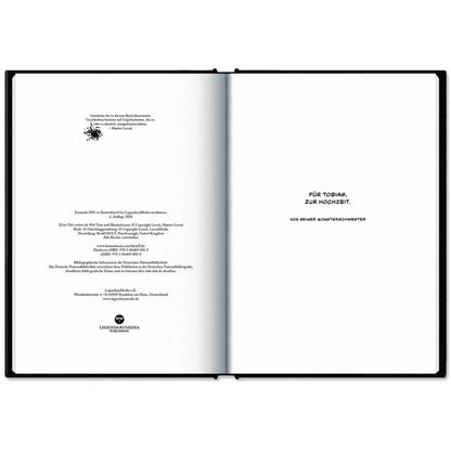 This image shows the hardcover of "Klein Tobi erobert die Welt: lauter wahre (Monster-)Geschichten" by Hunter Lassal on a white surface. The book is open on the imprint and dedication.