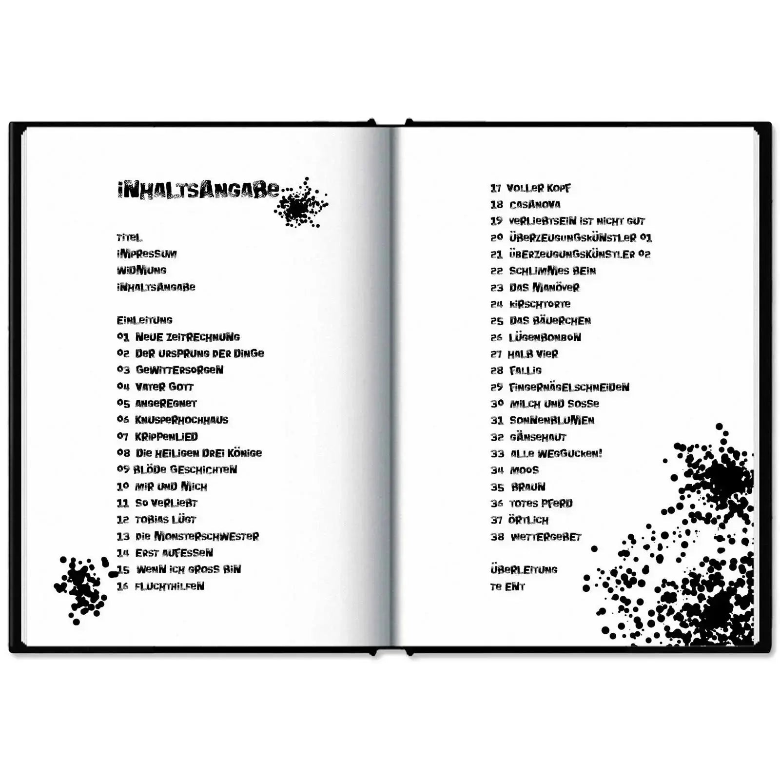 This image shows the hardcover of "Klein Tobi erobert die Welt: lauter wahre (Monster-)Geschichten" by Hunter Lassal on a white surface. The book is open on the content page. 