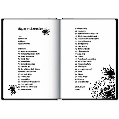 This image shows the hardcover of "Klein Tobi erobert die Welt: lauter wahre (Monster-)Geschichten" by Hunter Lassal on a white surface. The book is open on the content page. 