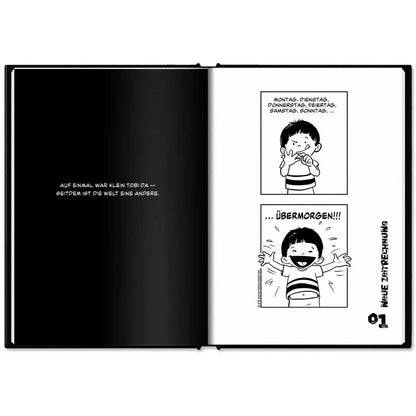 This image shows the hardcover of "Klein Tobi erobert die Welt: lauter wahre (Monster-)Geschichten" by Hunter Lassal on a white surface. The book is open on the first spread of the story. 