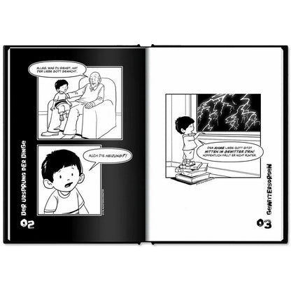 This image shows the hardcover of "Klein Tobi erobert die Welt: lauter wahre (Monster-)Geschichten" by Hunter Lassal on a white surface. The book is open on the illustrated anecdotes number two and three.