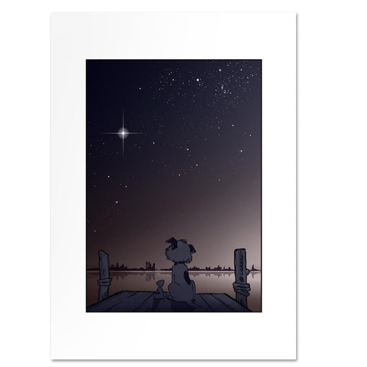 Little Hunterman mourns after a loved one yet finds the guiding light of a new bright star in the process (A6 greeting card cover image)