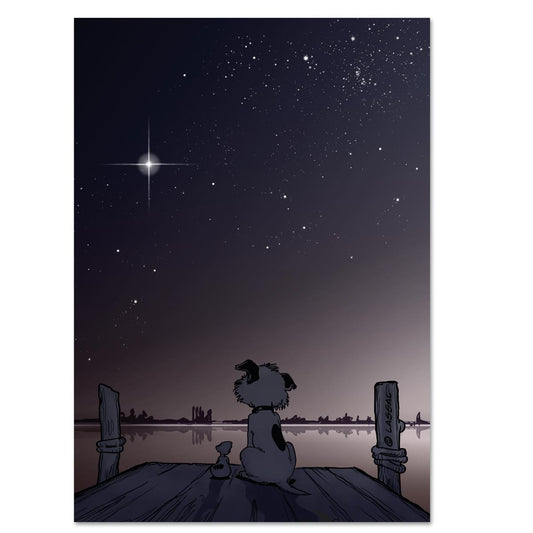 Whenever Little Hunterman mourns the loss of a loved one it hurts quite badly. Yet, in the process, whenever he manages to look up, he finds comfort in the bright light of a new and beautiful "Mourning Star" (A6 greeting card cover image)