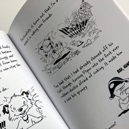 The Big World According to Little Hunterman  - now as a beautiful premium print version on white paper (Hardcove & Paperback). The image shows an open book with white pages, text, and black-and-white illustrations.