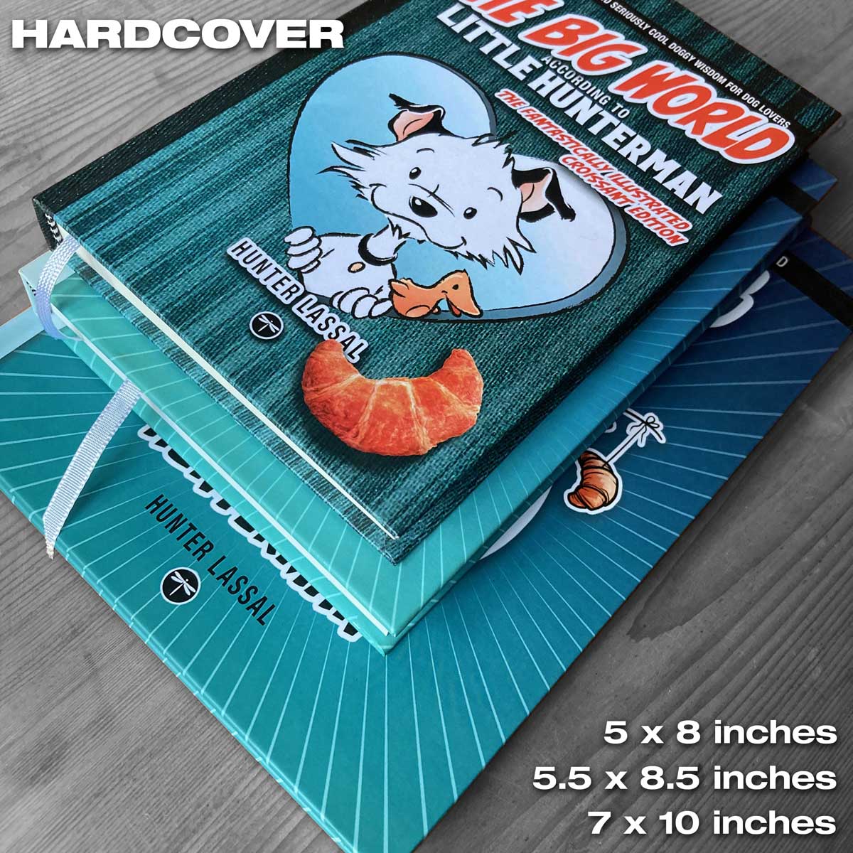 This image shows a size comparison between the deprecated and the current standard editions, as well as the premium version of the Hunterman hardcover books. The image shows all three of the hardcovers, labled, stacked on top of each other on a gray wooden surface, with the discontinued 8 x 5 inches title on top.