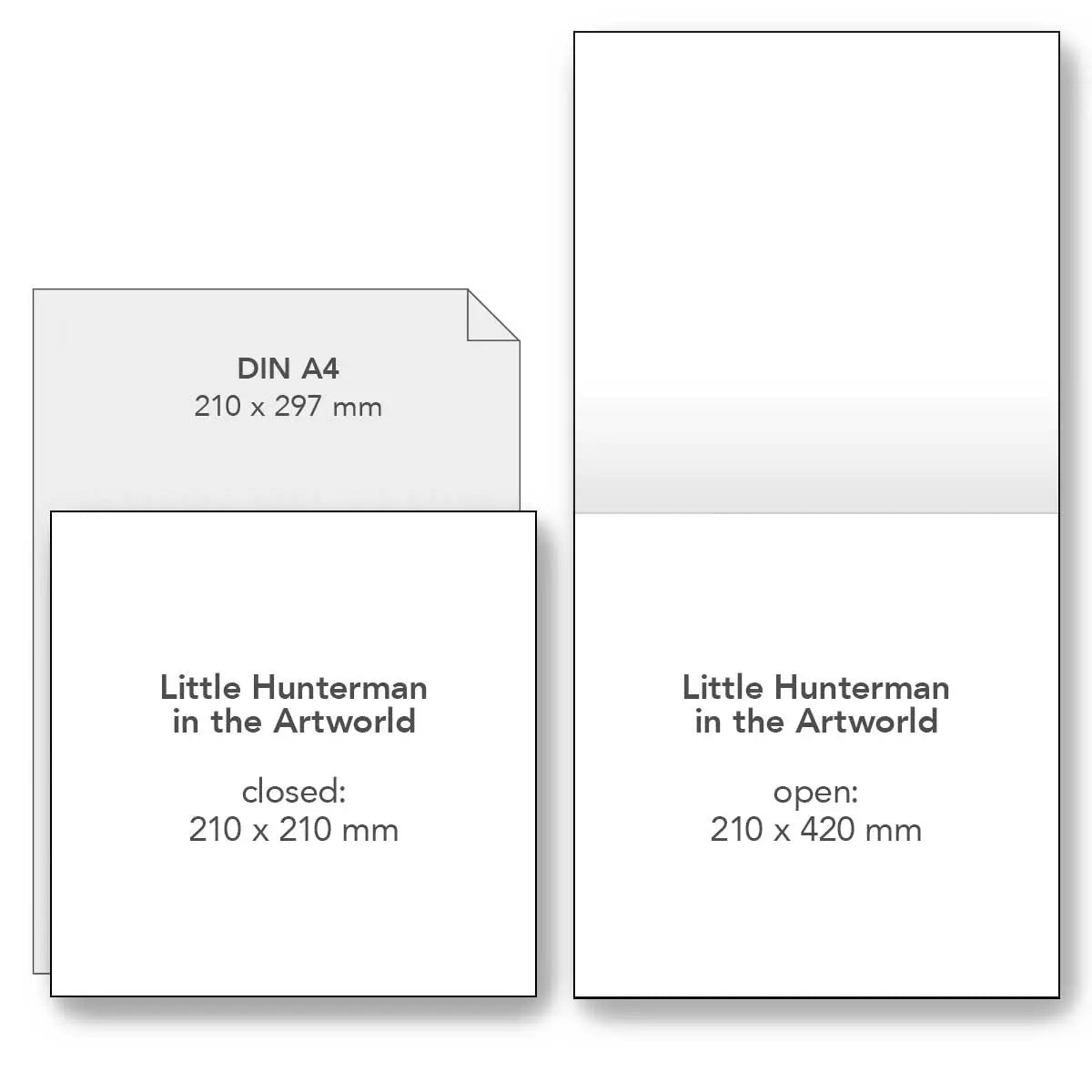 Diagram showing the dimensions of the  'Little Hunterman in the Artworld' calendar with open and closed states.