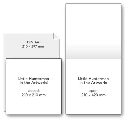 Diagram showing the dimensions of the  'Little Hunterman in the Artworld' calendar with open and closed states.