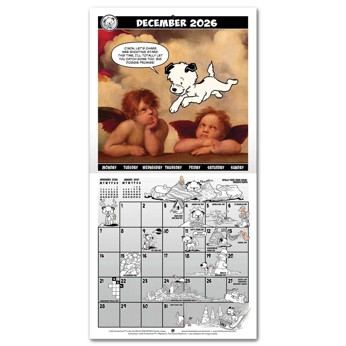 Calendar spread for November 2026 with a hero image based on Raphael's The Sistine Madonna. The calendar grid on the bottom half is filled with small illustrations featuring Little Hunterman and Flynn. English text.