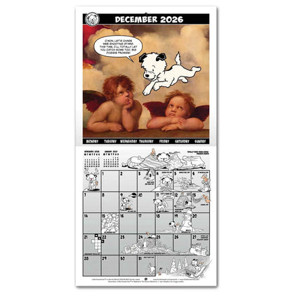 Calendar spread for November 2026 with a hero image based on Raphael's The Sistine Madonna. The calendar grid on the bottom half is filled with small illustrations featuring Little Hunterman and Flynn. English text.
