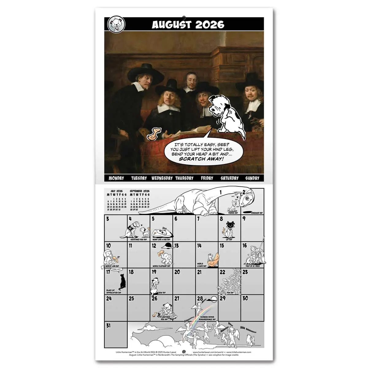 Calendar spread for August 2026 with a hero image based on Rembrandt's The Sampling Officials. The calendar grid on the bottom half is filled with small illustrations featuring Little Hunterman and Flynn. English text.