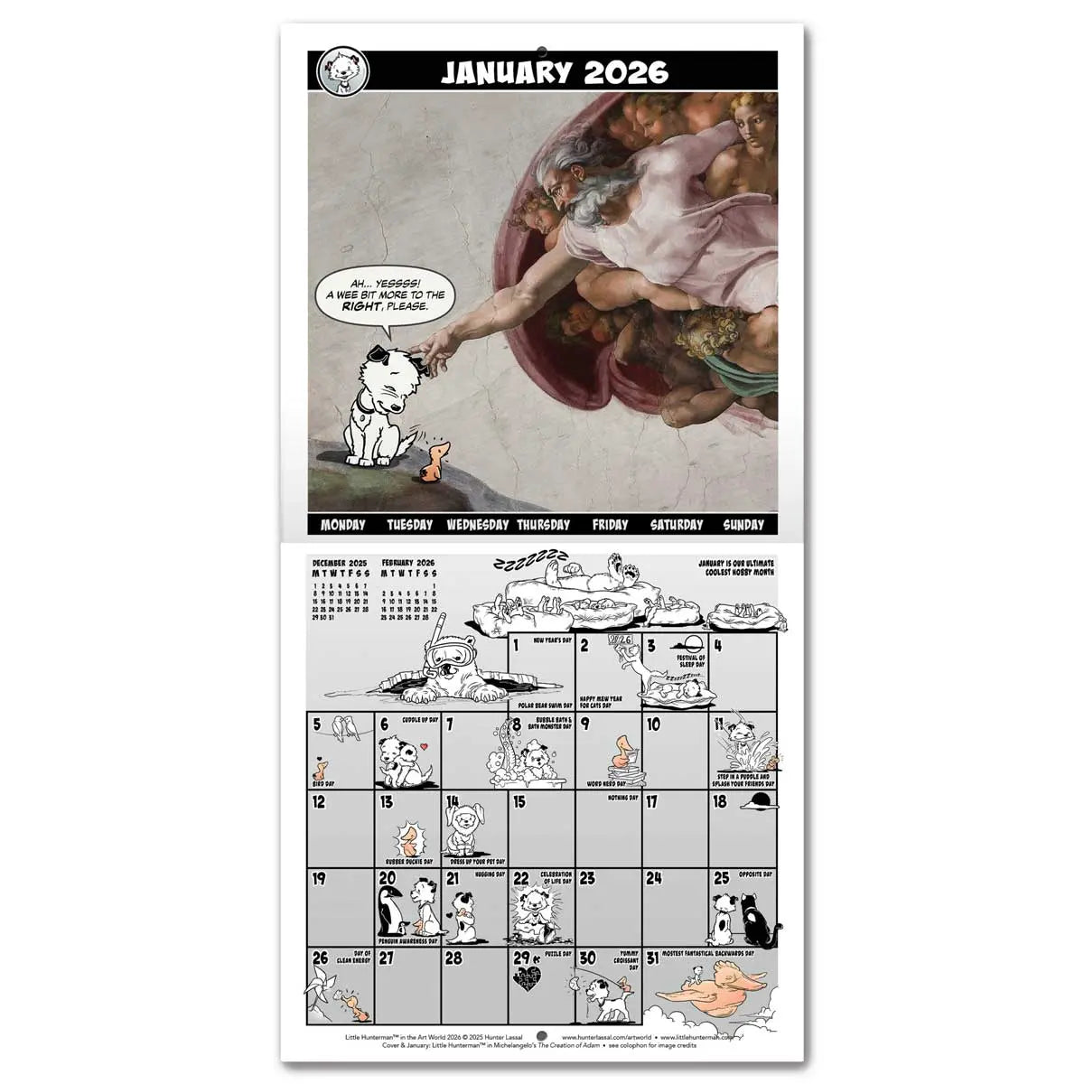 2026 Wall Calendar, January, showing Michelangelo's 'The Creation of Adam' adaptation with Little Hunterman and Flynn. The calendar grid on the bottom half is filled with small illustrations featuring Little Hunterman and Flynn. English text.