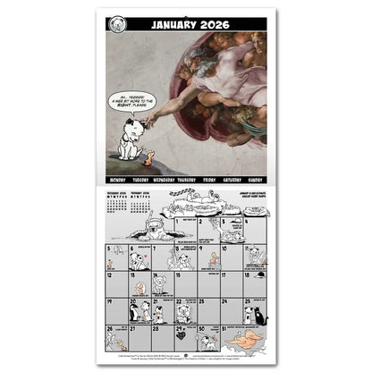 2026 Wall Calendar, January, showing Michelangelo's 'The Creation of Adam' adaptation with Little Hunterman and Flynn. The calendar grid on the bottom half is filled with small illustrations featuring Little Hunterman and Flynn. English text.