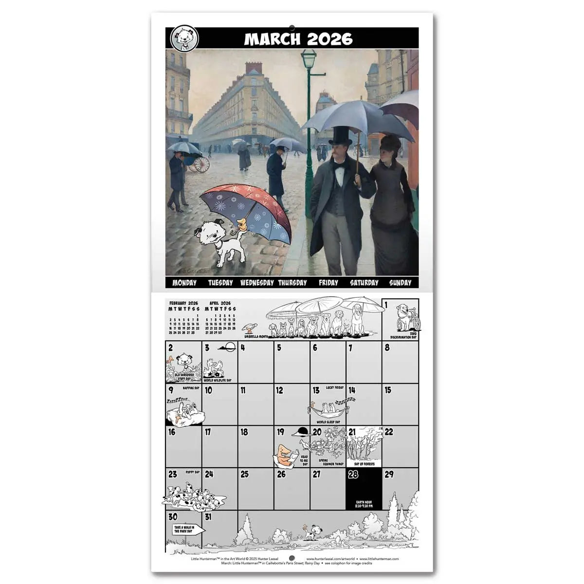 Calendar spread for March 2026 with a hero image based on Gustave Caillebotte's Paris Street; Rainy Day. The calendar grid on the bottom half is filled with small illustrations featuring Little Hunterman and Flynn. English text.