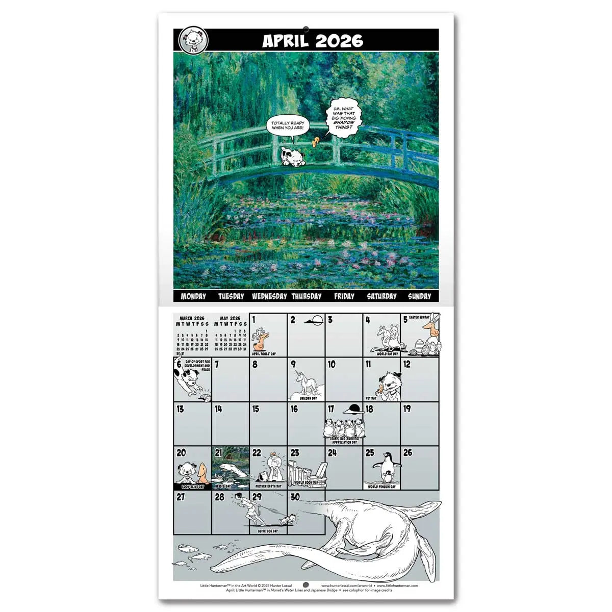 Calendar spread for April 2026 with a hero image based on Claude Monet's Water Lilies and Japanese Bridge. The calendar grid on the bottom half is filled with small illustrations featuring Little Hunterman and Flynn. English text.