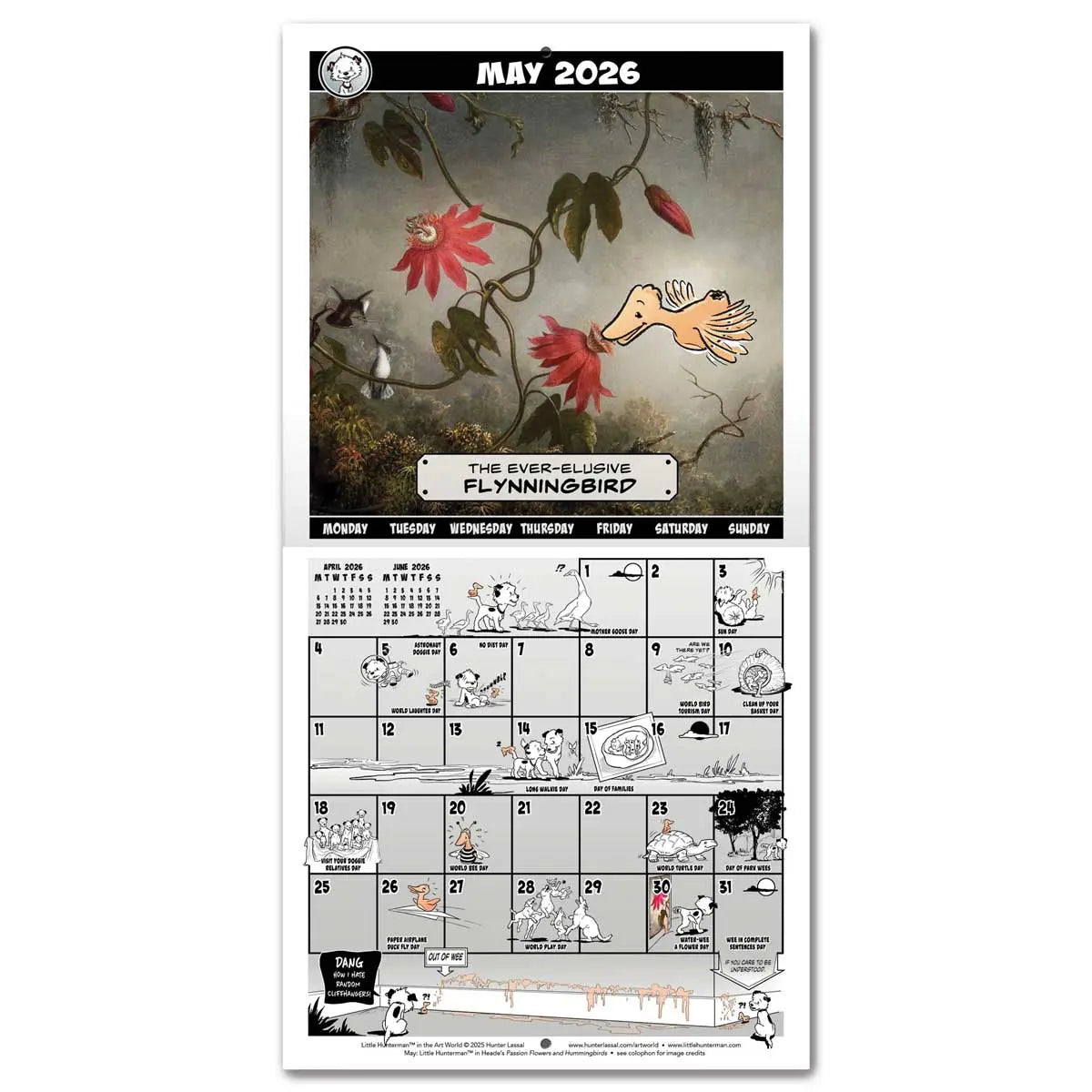 Calendar spread for May 2026 with a hero image based on Martin Johnson Heade's Passion Flowers and Hummingbirds. The calendar grid on the bottom half is filled with small illustrations featuring Little Hunterman and Flynn. English text.