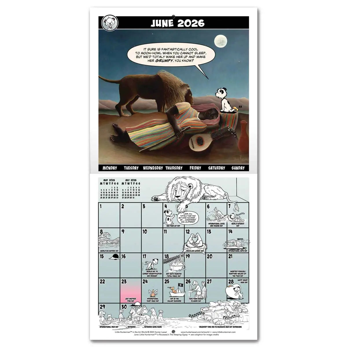 Calendar spread for June 2026 with a hero image based on Henri Rousseau's The Sleeping Gypsy. The calendar grid on the bottom half is filled with small illustrations featuring Little Hunterman and Flynn. English text.
