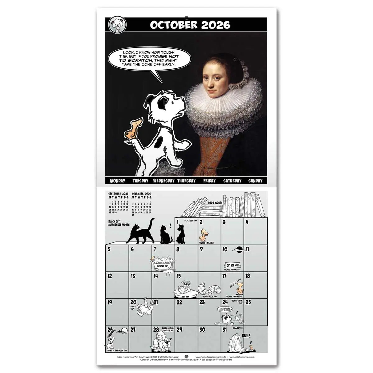 Calendar spread for October 2026 with a hero image based on van Mierevelt's Portrait of a Lady. The calendar grid on the bottom half is filled with small illustrations featuring Little Hunterman and Flynn. English text.