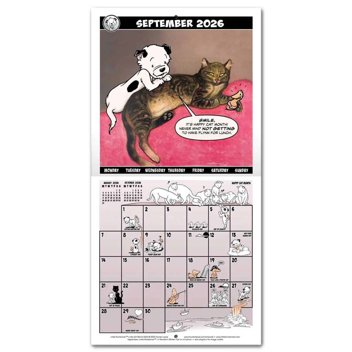 Calendar spread for September 2026 with a hero image based on Théophile-Alexandre Steinlen's Winter: Cat on a Cushion. The calendar grid on the bottom half is filled with small illustrations featuring Little Hunterman and Flynn. English text.