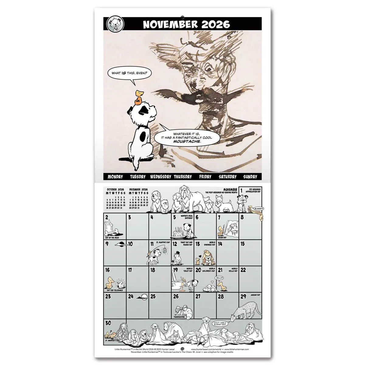 Calendar spread for November 2026 with a hero image based on Henri de Toulouse-Lautrec's The Clown: M. Joret. The calendar grid on the bottom half is filled with small illustrations featuring Little Hunterman and Flynn. English text.
