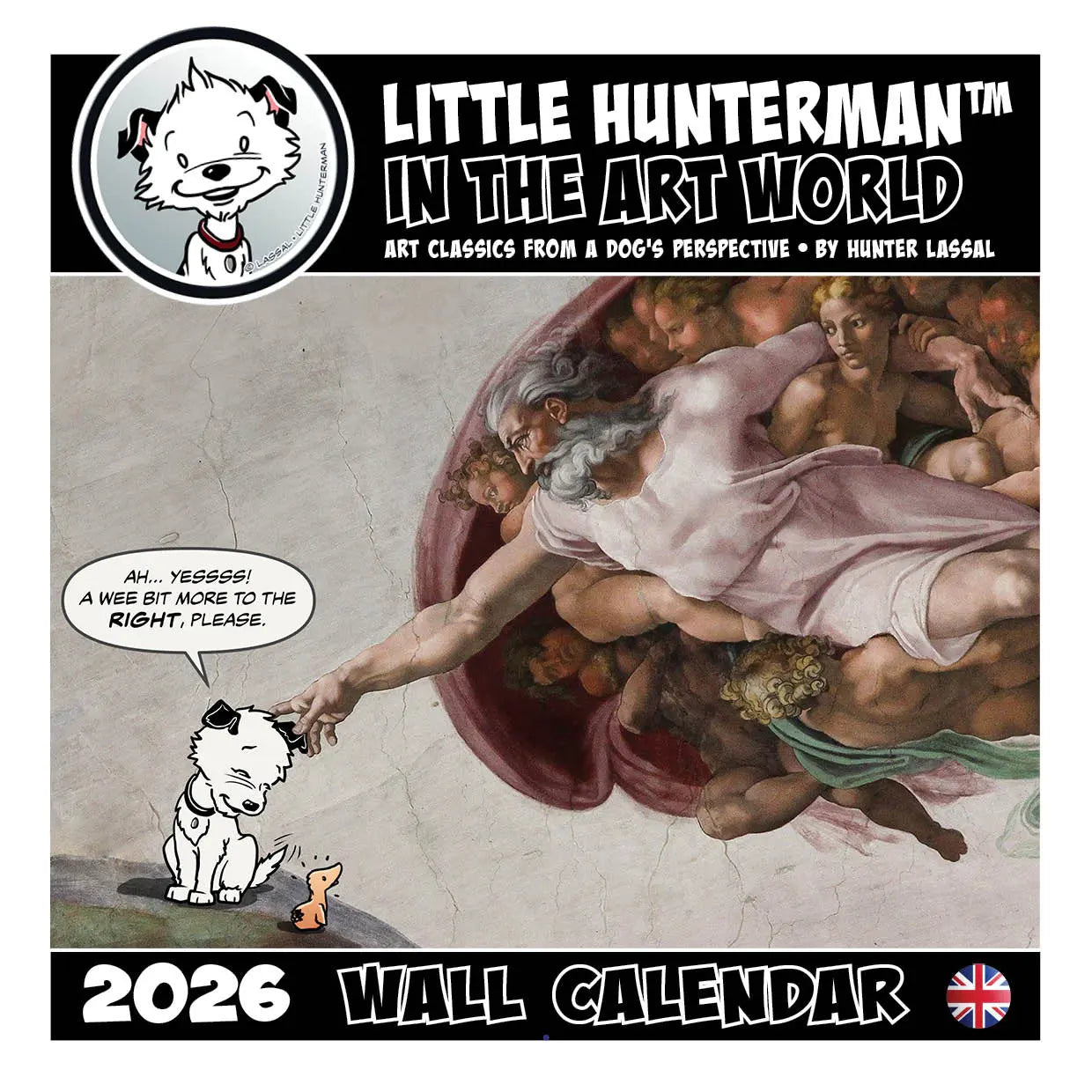 2026 Wall Calendar front cover showing Michelangelo's The Creation of Adam adaptation with Little Hunterman and Flynn