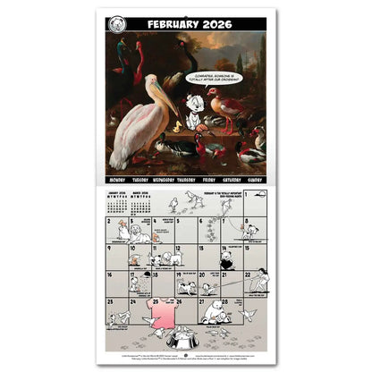 Calendar spread for February 2026 with a hero image based on Melchior d’Hondecoeter's A Pelican and other Birds near a Pool. The calendar grid on the bottom half is filled with small illustrations featuring Little Hunterman and Flynn. English text.