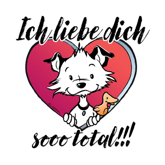 Front of square Little Hunterman card showing him and Flynn looking out of a big red heart with large text saying in German: Ich liebe dich sooo total!!!