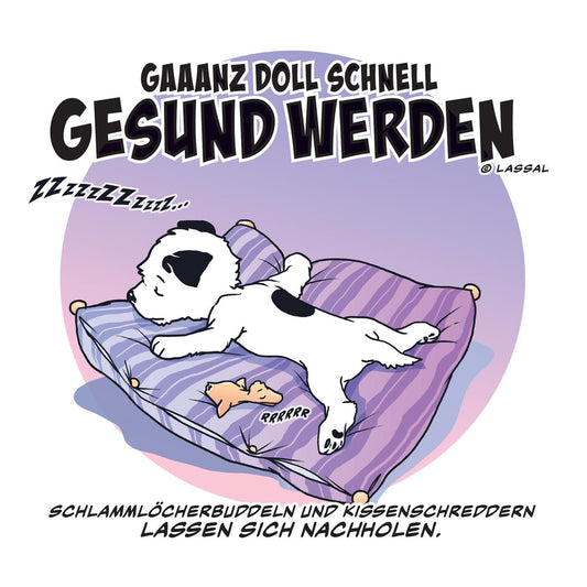 Little Hunterman's German Klein Huntermann "ganz doll schnell gesund werden" Greeting Card by Hunter Lassal. Detail.	