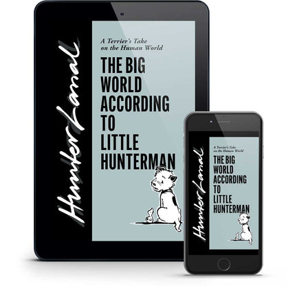 Tablet and smartphone displaying the book cover 'The Big World According to Little Hunterman' by Hunter Lassal.