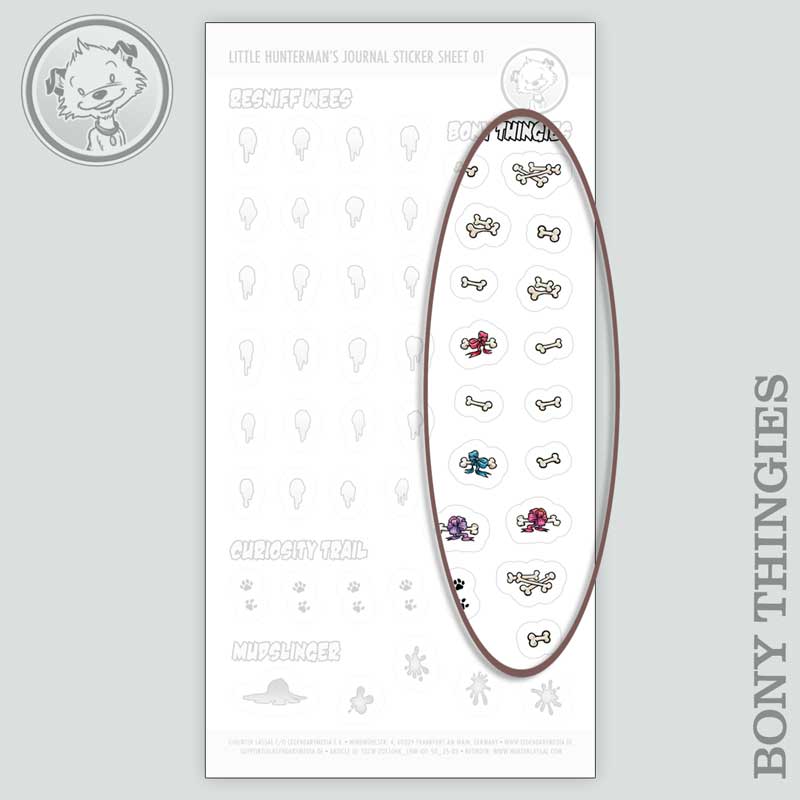 Little Hunterman's Quick Wee and Big Dump Journal Companion Sticker Sheets 01+02 with a highlight on the Bony Thingies stickers