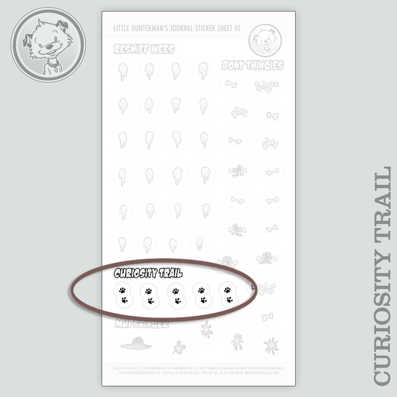 Little Hunterman's Quick Wee and Big Dump Journal Companion Sticker Sheets 01+02 with a highlight on the Curiosity Trail stickers