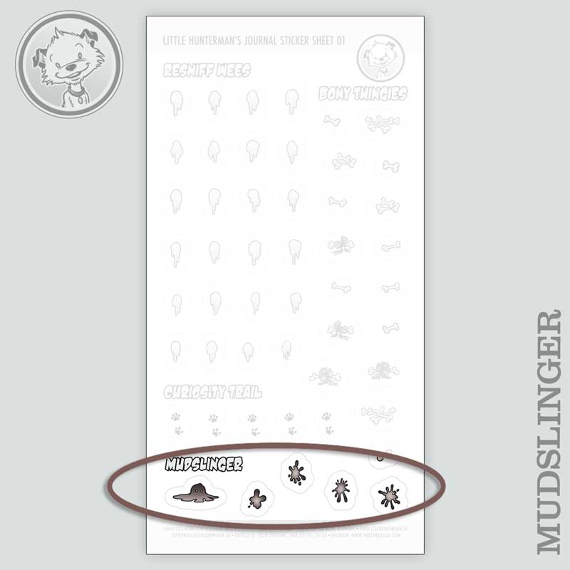 Little Hunterman's Quick Wee and Big Dump Journal Companion Sticker Sheets 01+02 with a highlight on the Mudslinger stickers